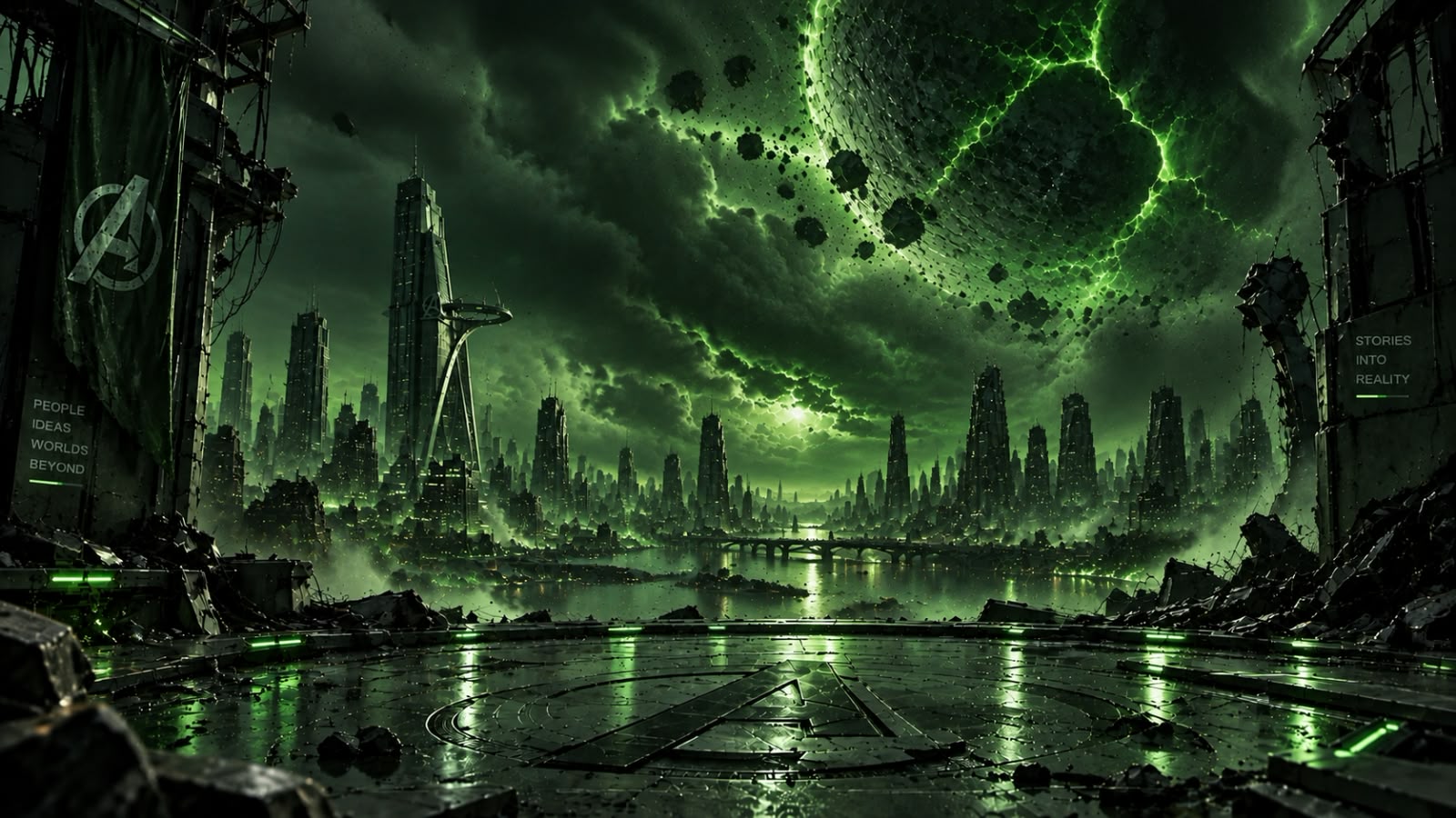 A rift over a ruined city